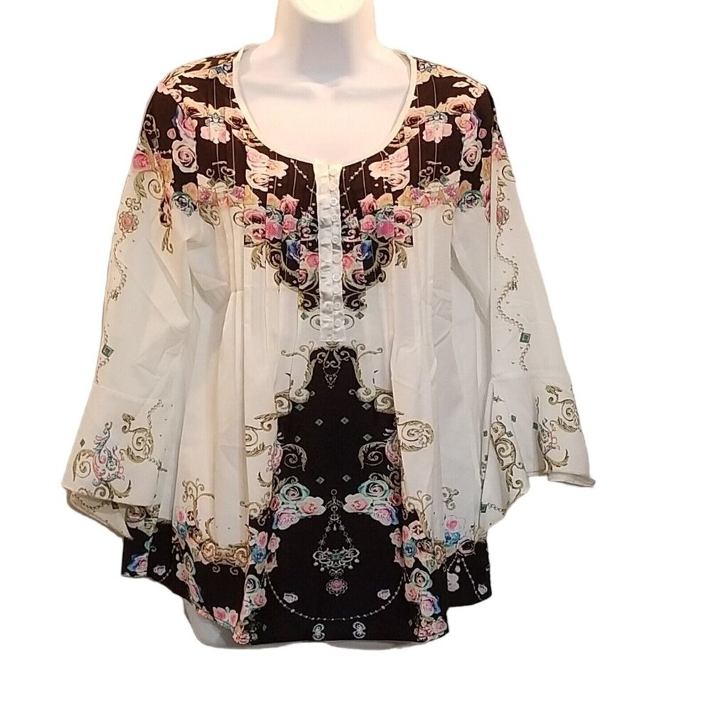 Women's Blouse Top M Ruffled Frill Sleeve Pintucked Black White Floral Silky - Picture 3 of 10
